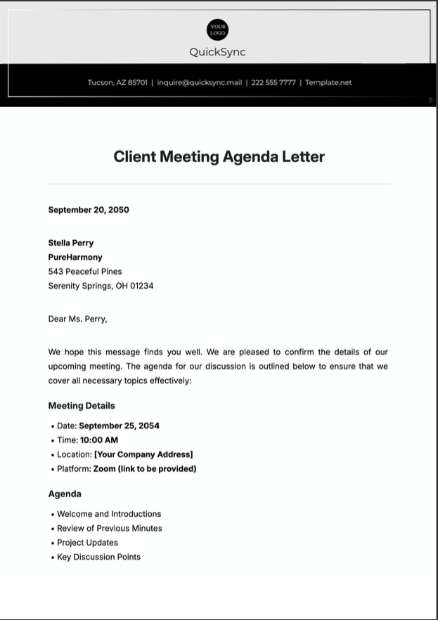 Client Meeting Agenda Letter Template