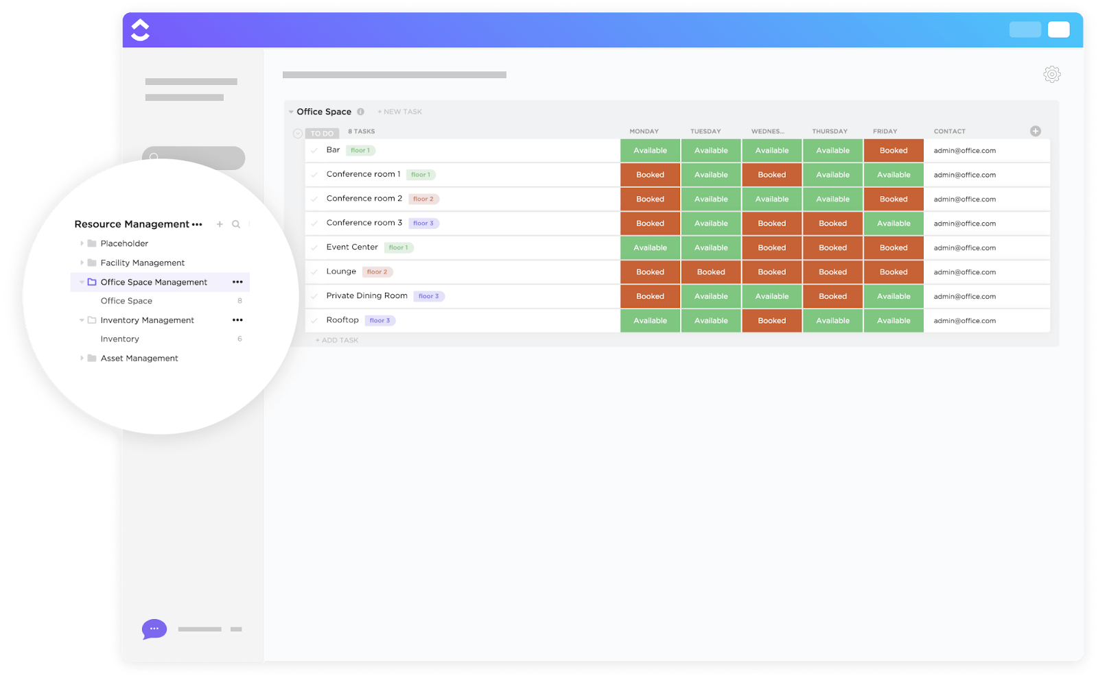 Assign desks and track hybrid work plans using the ClickUp Office Space Management Template for location clarity