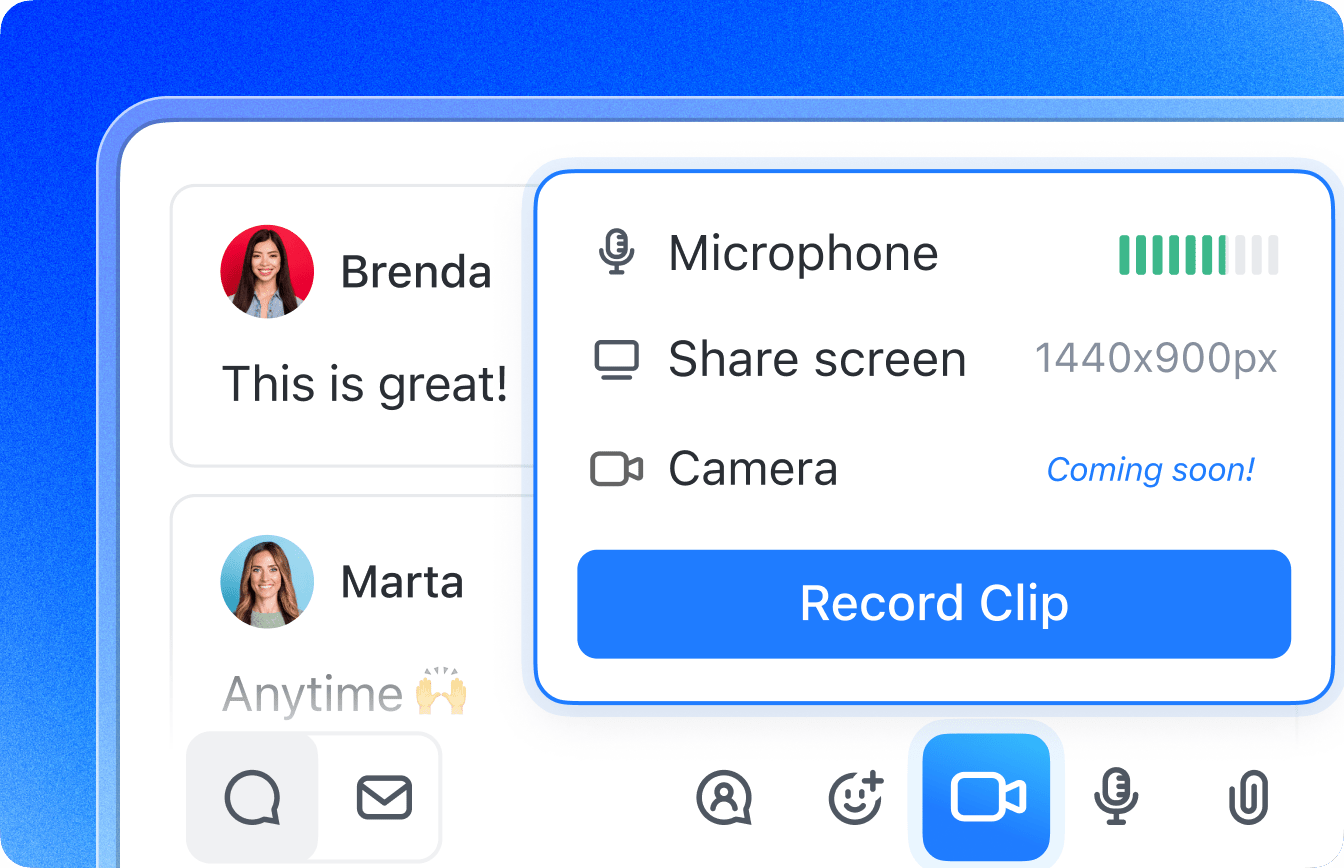 With just a click, share screen recordings in Docs, Chats, and embed within tasks with ClickUp Clips