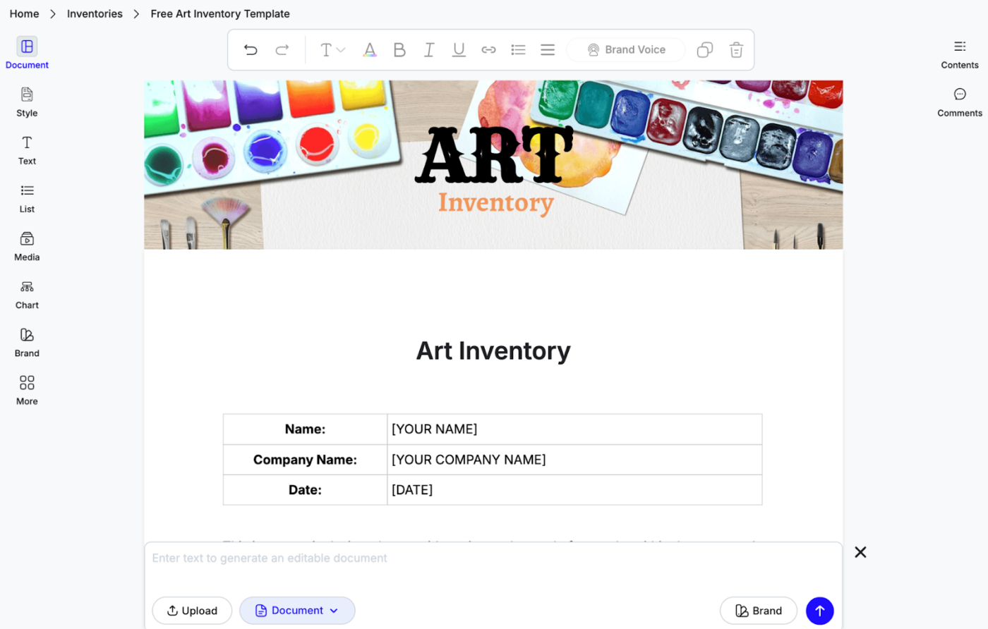Modèle d'inventaire d'œuvres d'art