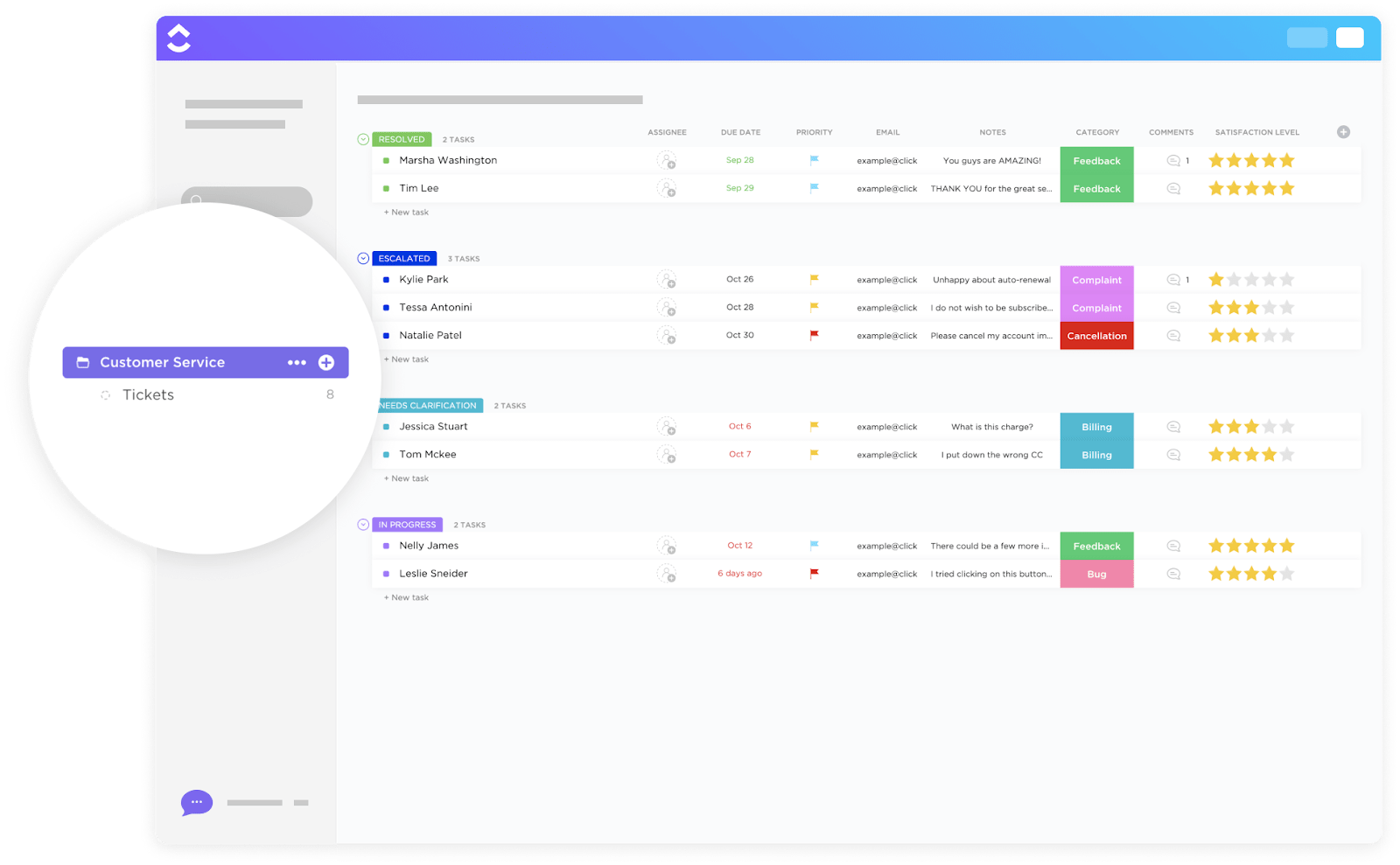 Organize high volumes of internal requests, feedback, and priorities with the ClickUp Customer Service Management Template