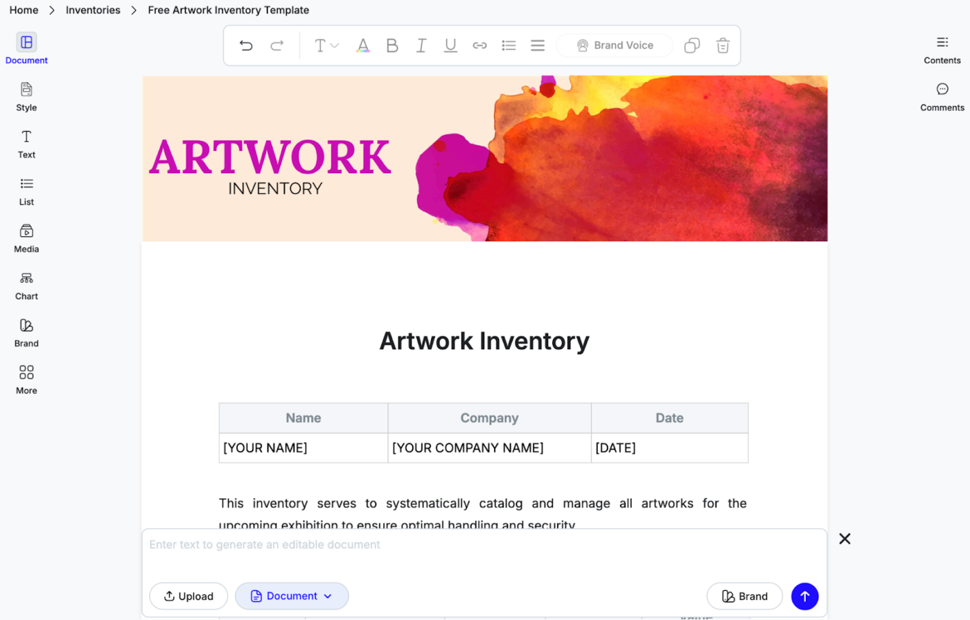 Modèle d'inventaire d'œuvres d'art