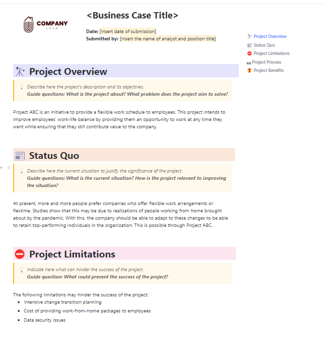 ClickUp's Business Case Analysis Template