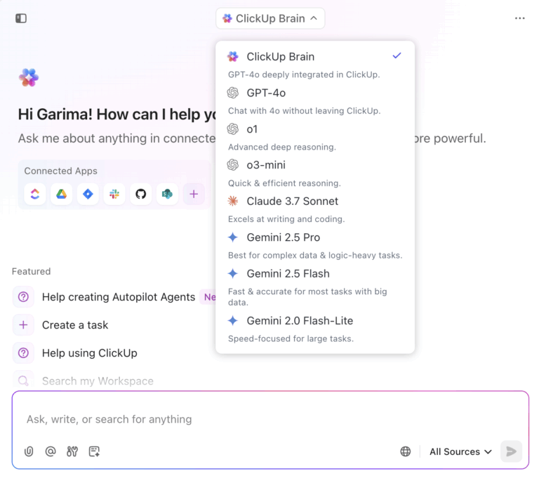 Access leading LLMs in one place with ClickUp Brain, ClickUp's AI platform