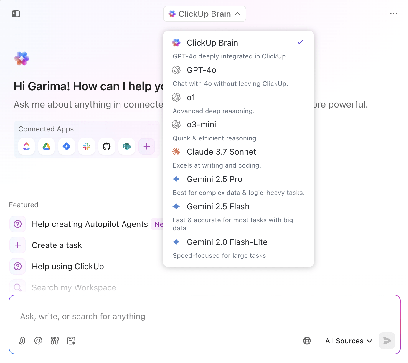 ClickUp'ın AI platformu ClickUp Brain ile önde gelen LLM'lere tek bir yerden erişin