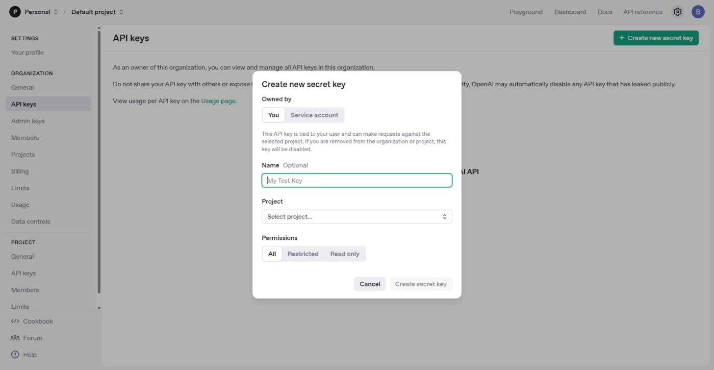 ChatGPT API key copied