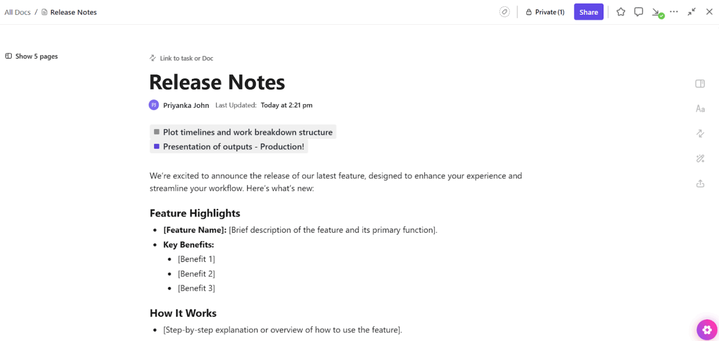 ClickUp Docs and ClickUp Tasks: Connect process documents AI and structured data to context