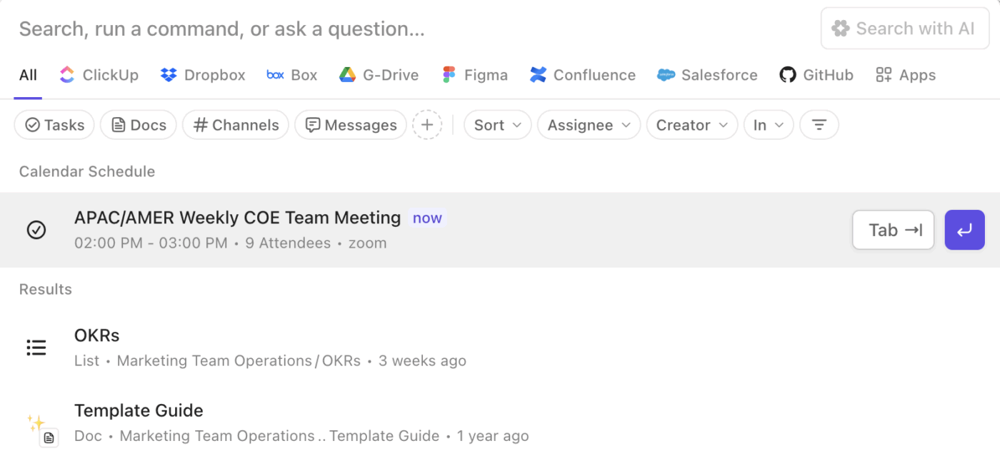 Filters in ClickUp Connected Search: Autocomplete search queries with relevant keywords