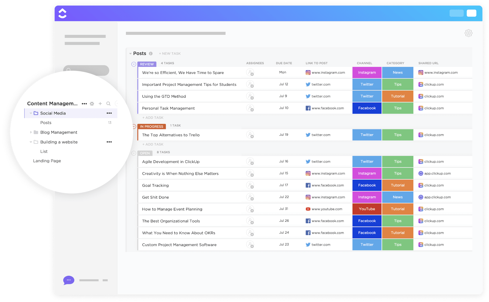 Organize and plan content with the ClickUp Social Media Advanced Template