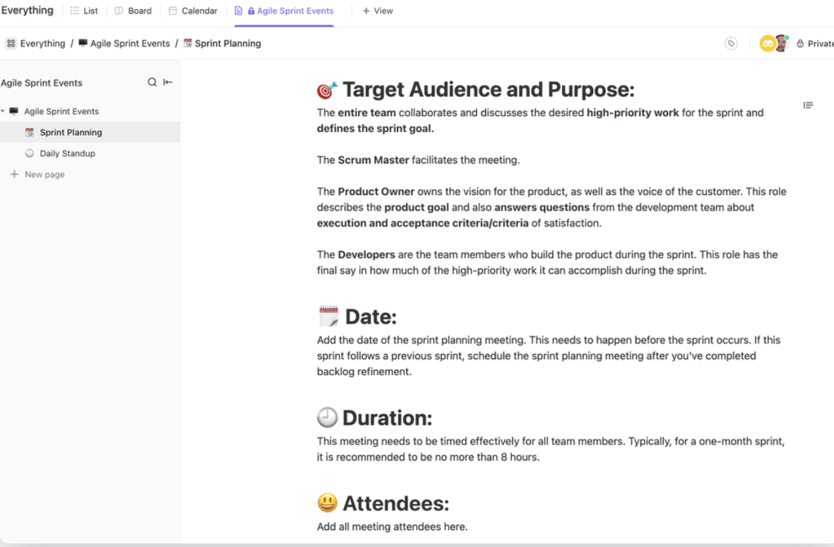 ClickUp Agile Sprints Events Template を使用して、アジャイルミーティングを効率化し、チームの連携を強化しましょう。