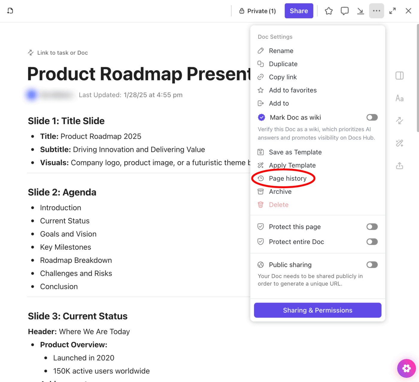 Track every edit automatically in ClickUp Docs with built-in version history and activity logs
