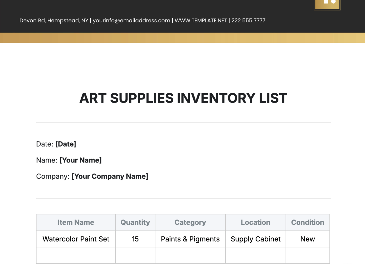 Modèle de liste d'inventaire de fournitures artistiques