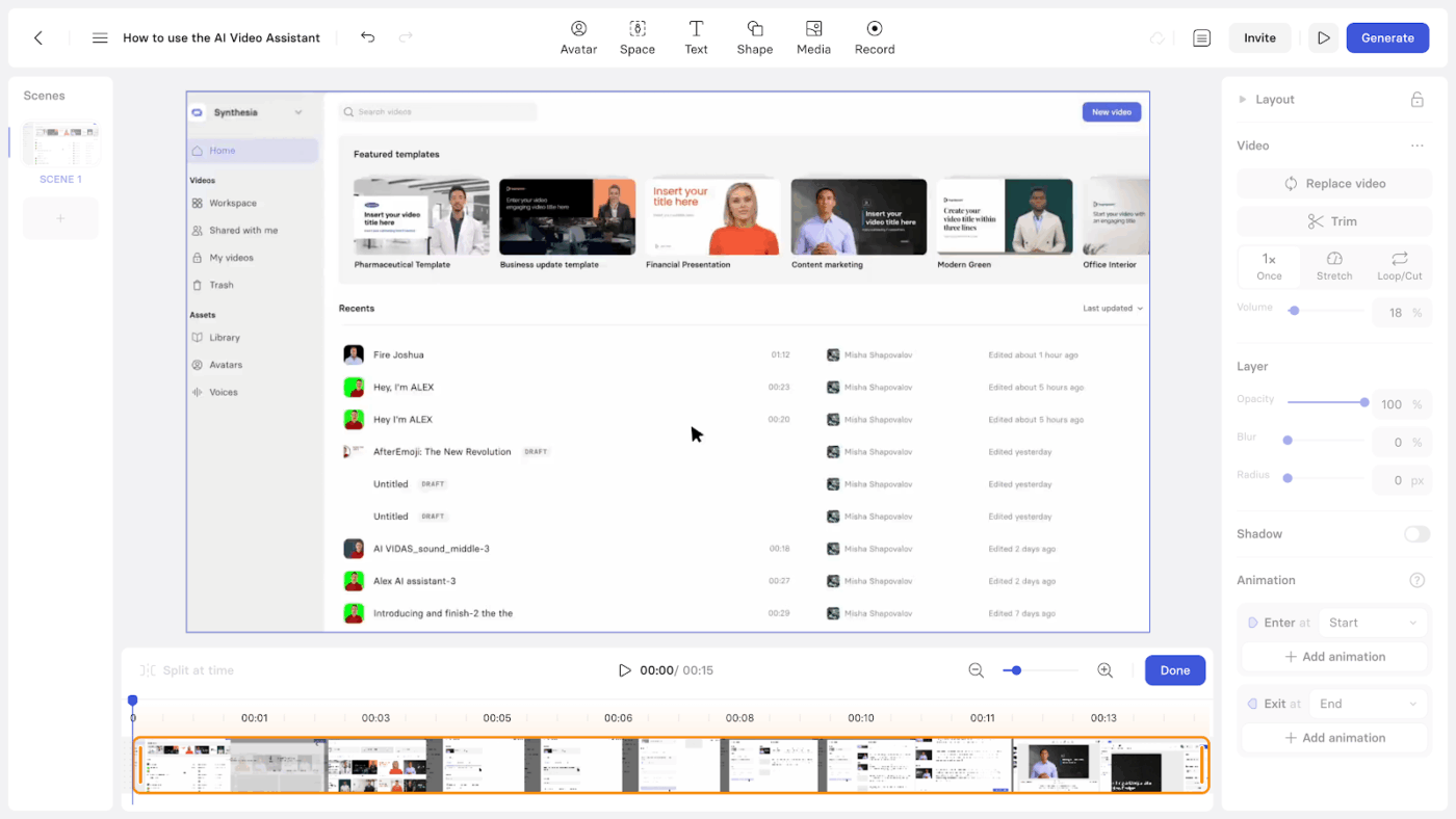 Synthesia: Generate lifelike voiceovers and choose from a vast library of avatars