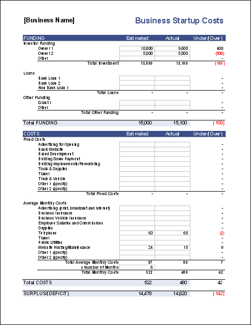 Excel Business Startup Costs Template