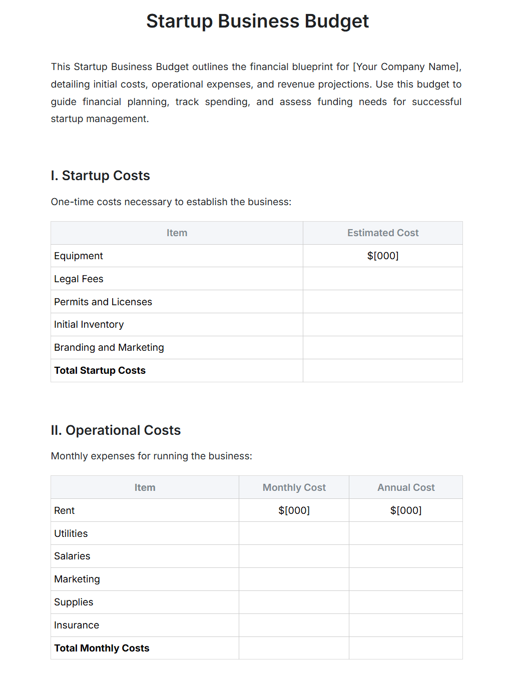 StartUp Budget Plan Template