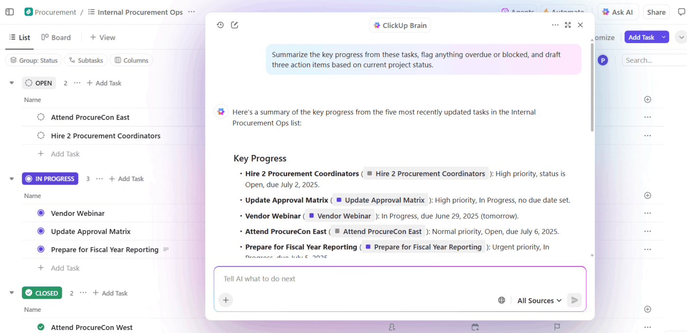 Use ClickUp Brain to get key insights from your workspace : Slack App Directory