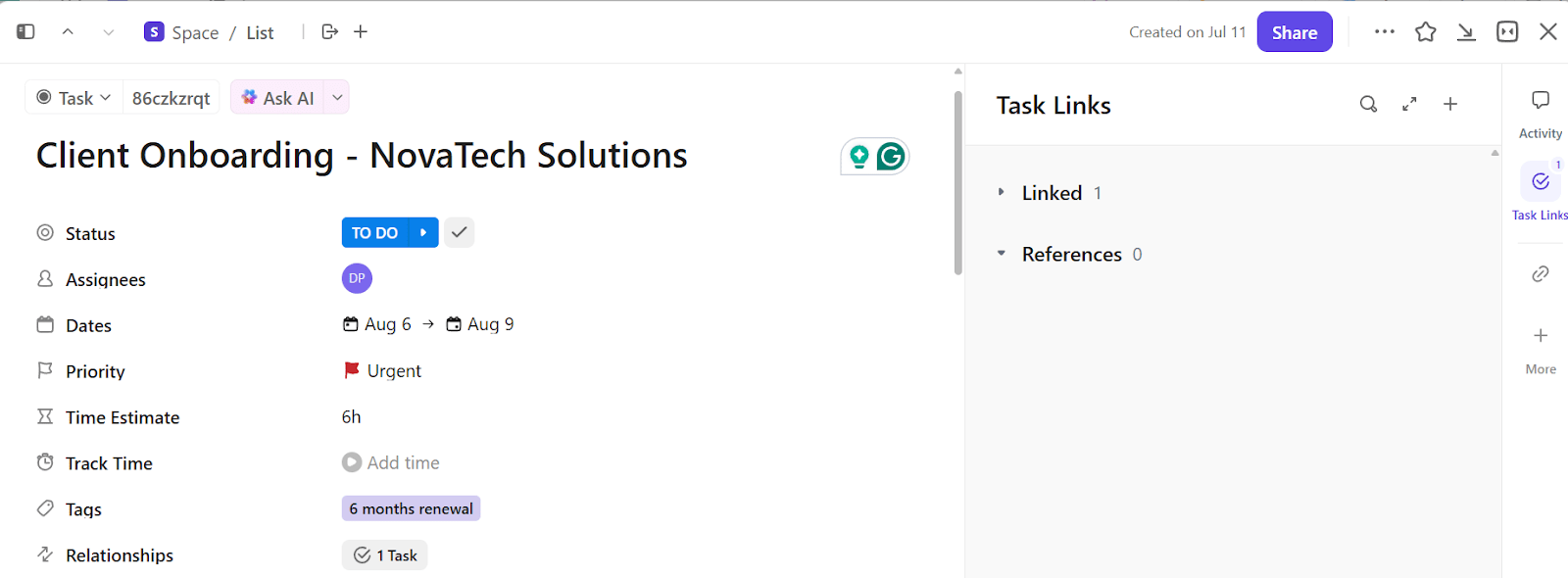 ClickUp Tasks: Add assignees, description, and subtasks to your 'records' within the database builder software