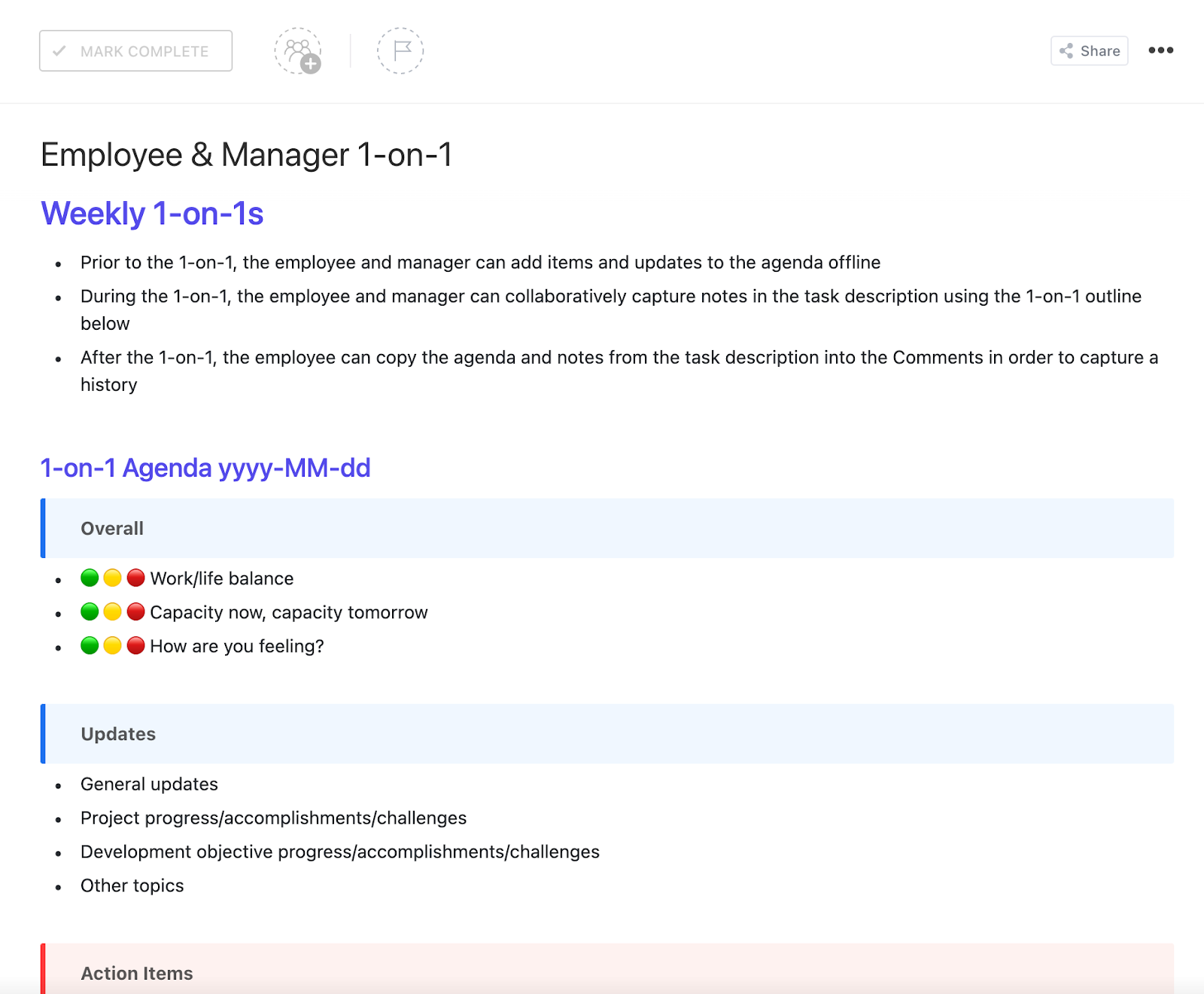 Track employee-manager discussions with the ClickUp Employee & Manager 1:1 Template