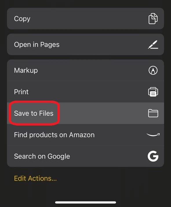Apple Notes Save Files menu on iPhone