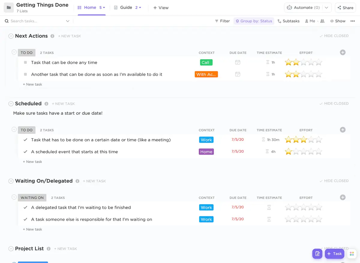 Organize tasks by context, priority, and effort with the ClickUp Getting Things Done Workflow Template