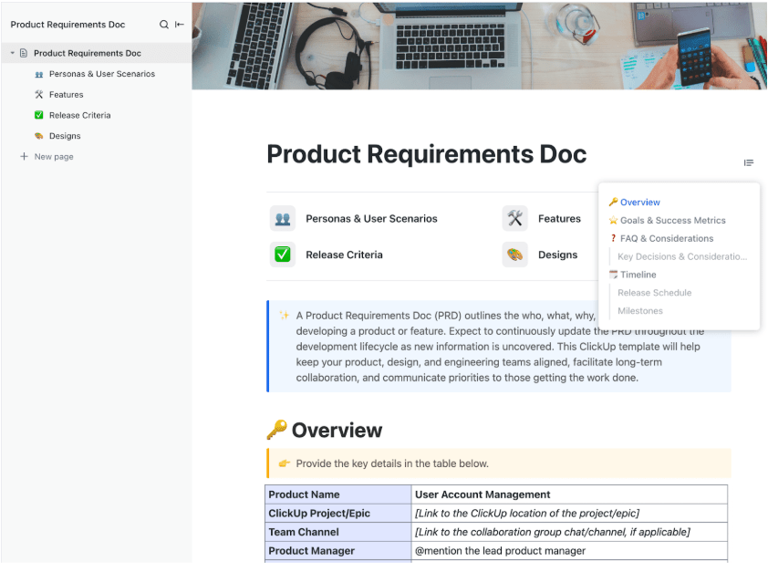 ClickUp Product Requirement Doc Templaten : Technical Design Document Template
