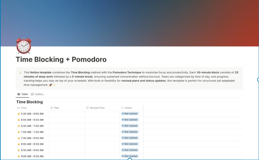  To-Do List (Time Blocking + Pomodoro) Template : 