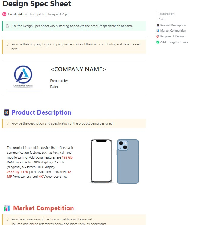 ClickUp Design Spec Sheet Template : Technical Design Document Template
