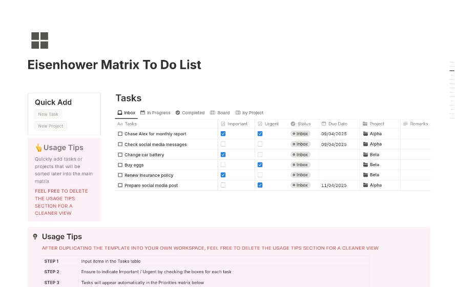 Eisenhower Matrix To Do List Template