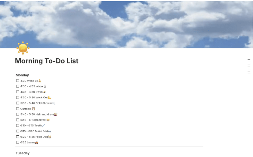 Morning To-Do List 4:30–6:30 Template
