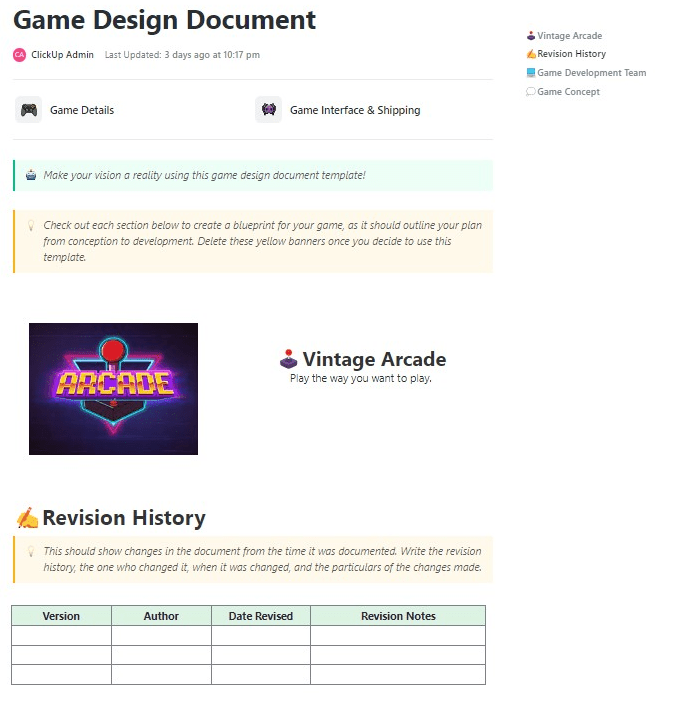 ClickUp Game Design Document Template