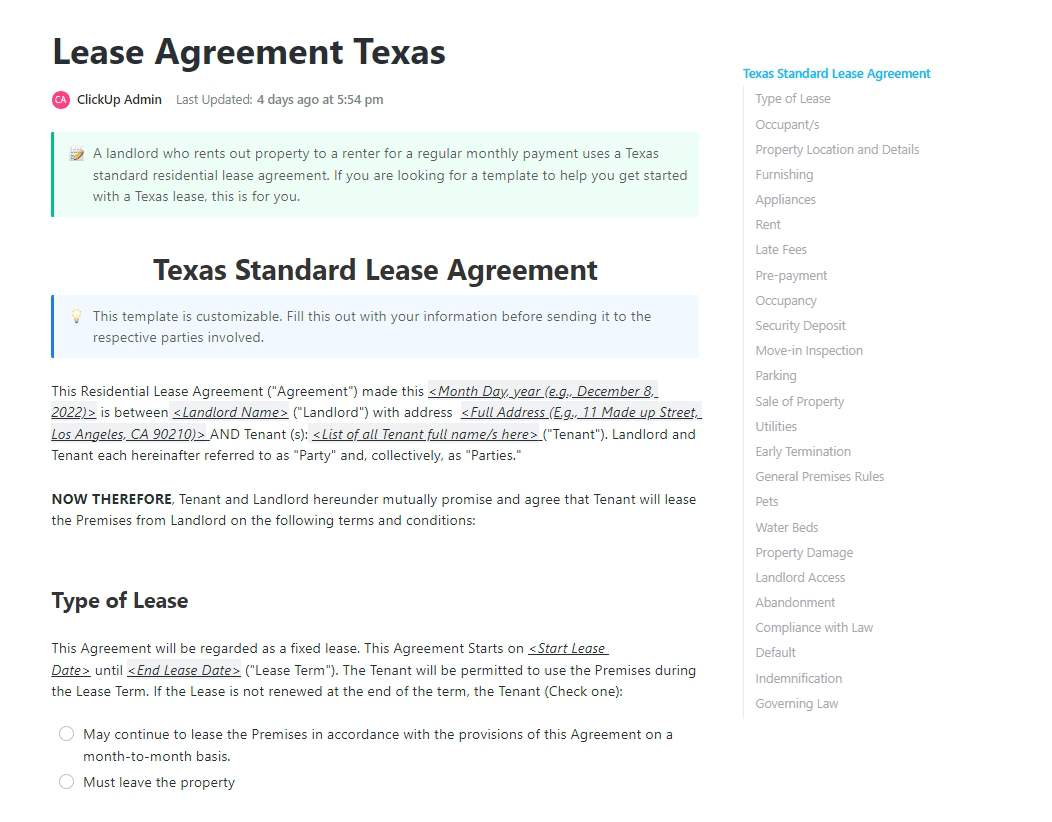 Lease Agreement Texas Template