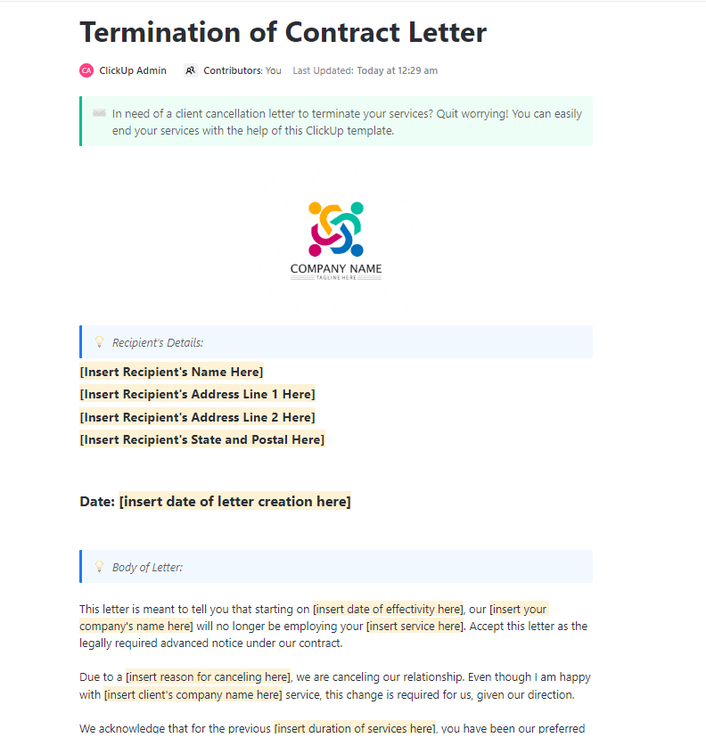 Termination of Contract Letter Template