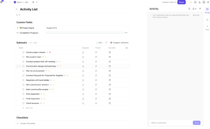 ClickUp’s Activity List Template
