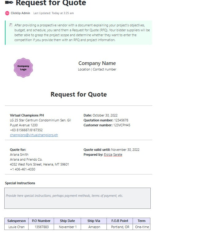  ClickUp Request for Quote Template : hotel receipt template