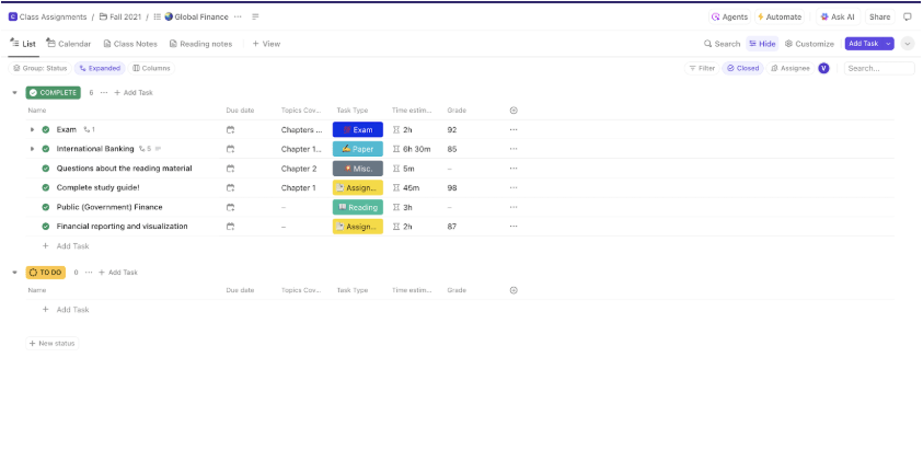 ClickUp Class Assignments To-Do List Template : notion to do list templates
