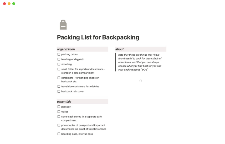 Simple Packing List for Backpacking Template : notion to do list templates