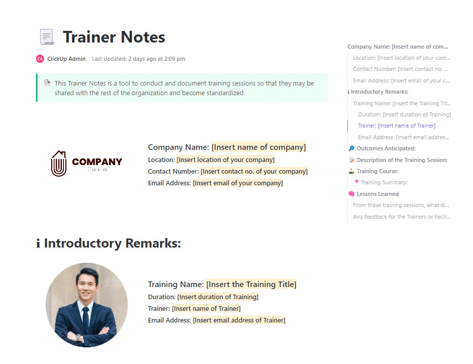 Trainer Notes Template : design thinking workshop template