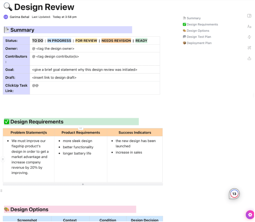 ClickUp Design Review Template