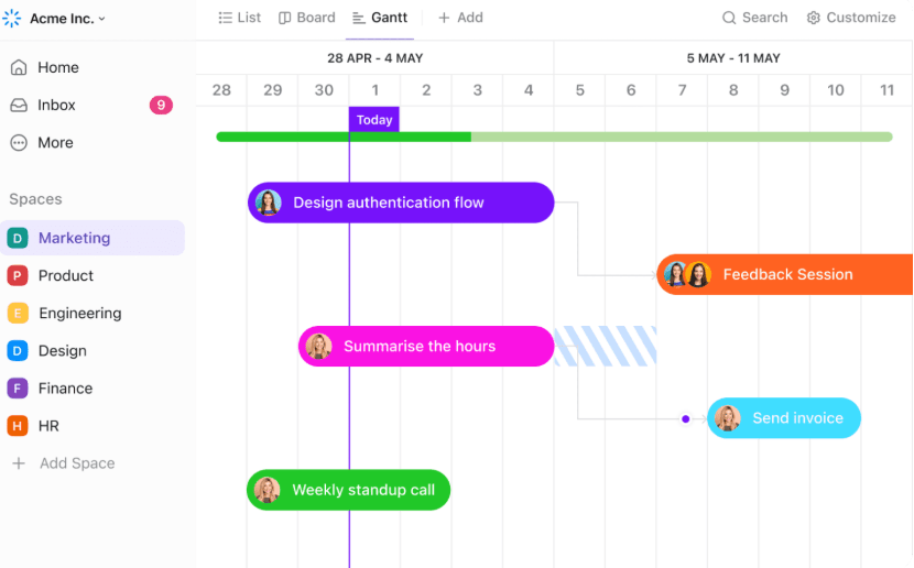 ClickUp Gantt Chart view for market research project planning
