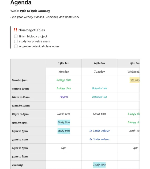 Modelo de agenda do Evernote: um layout de agenda semanal com blocos de tempo por hora e uma lista de verificação de prioridades principais