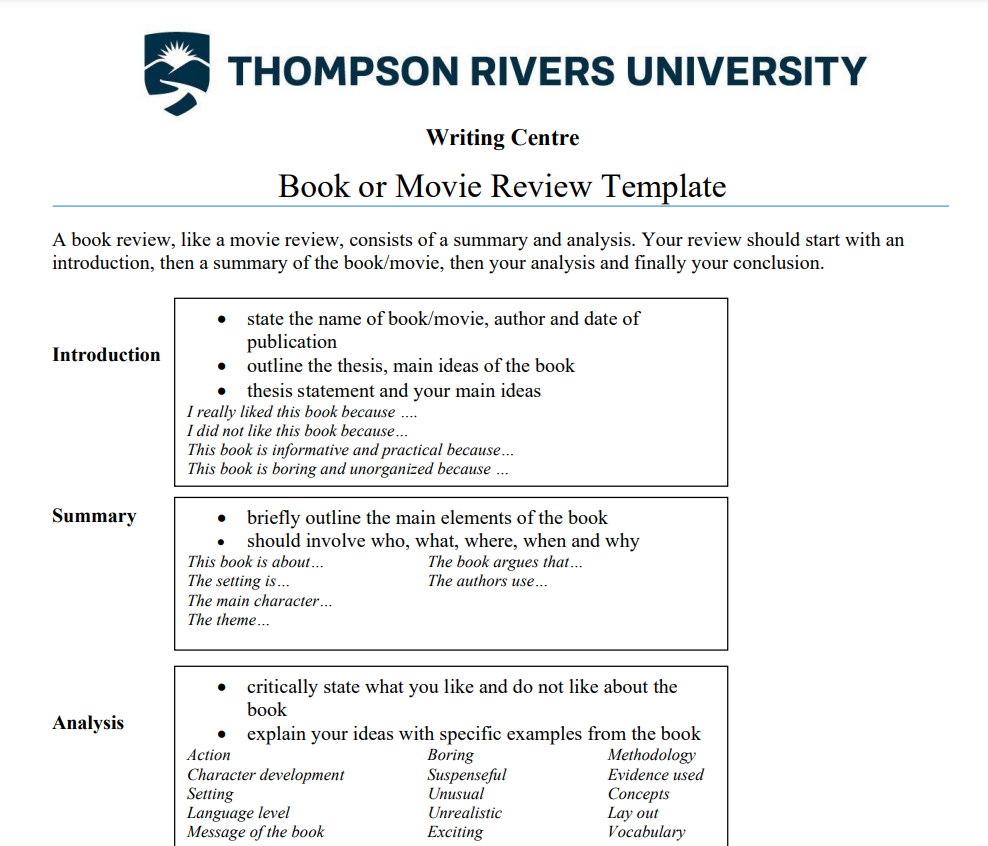 Book Review Template by Thompson Rivers University