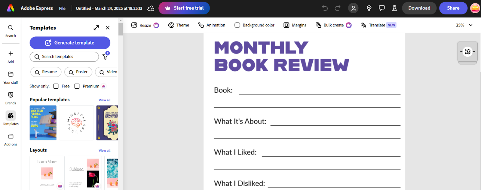 Monthly Book Review Template by Adobe