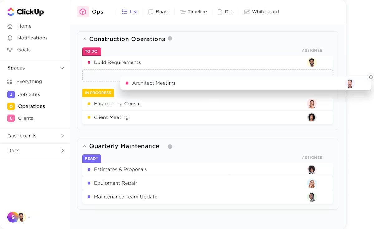 ClickUp for Construction Teams : free construction project management software