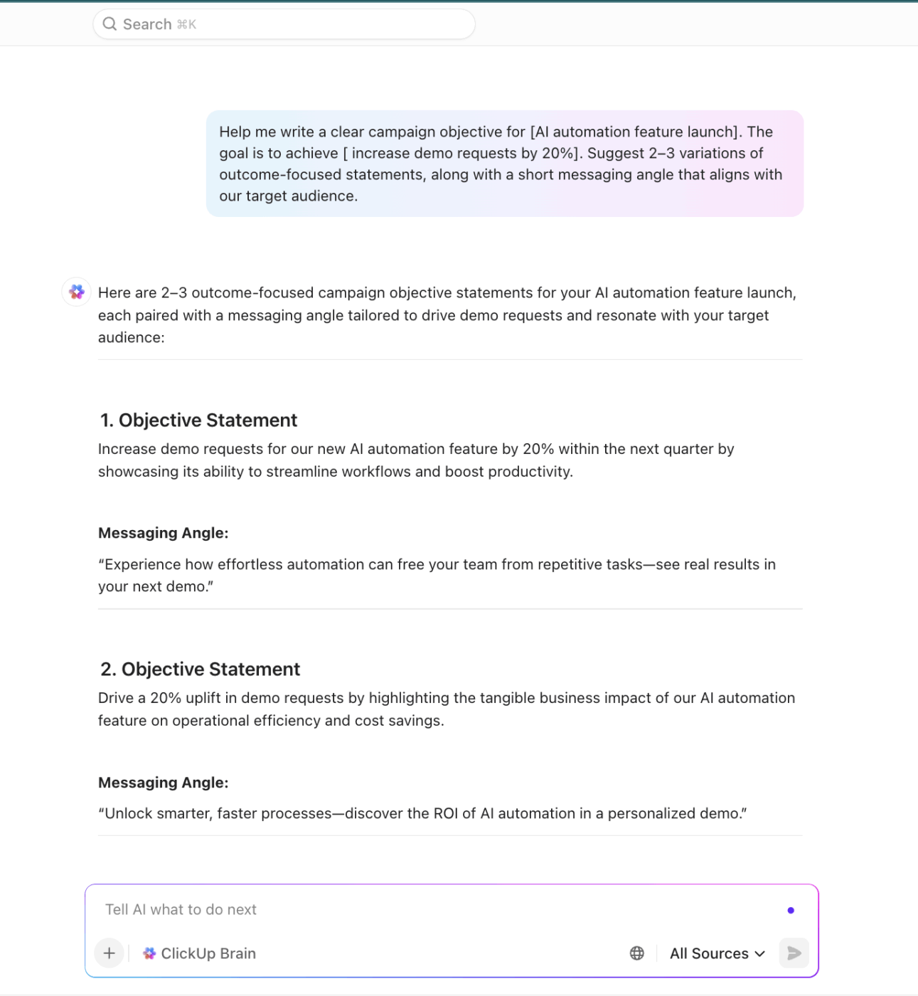 ClickUp Brain : Organize content calendar by campaign