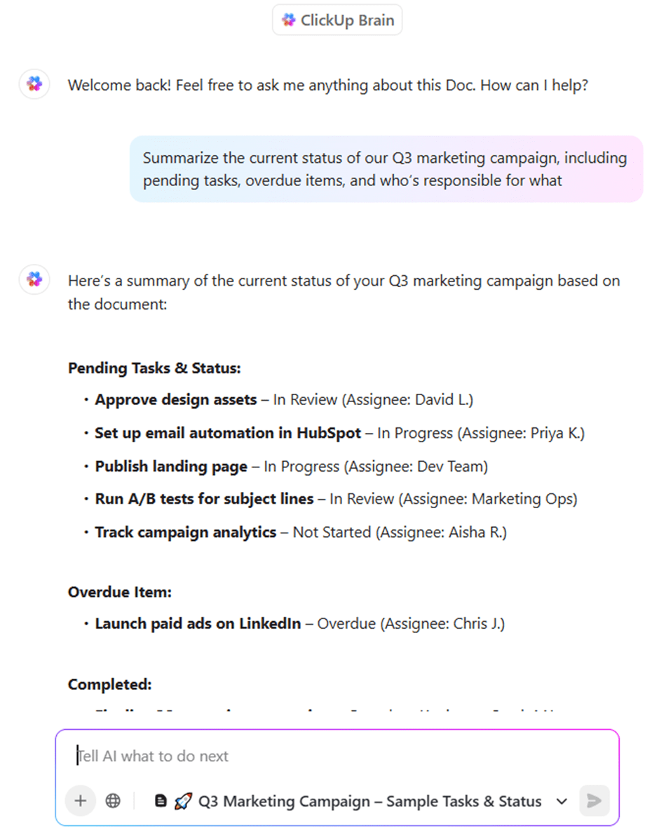 Get quick answers from your ClickUp workspace with AI
