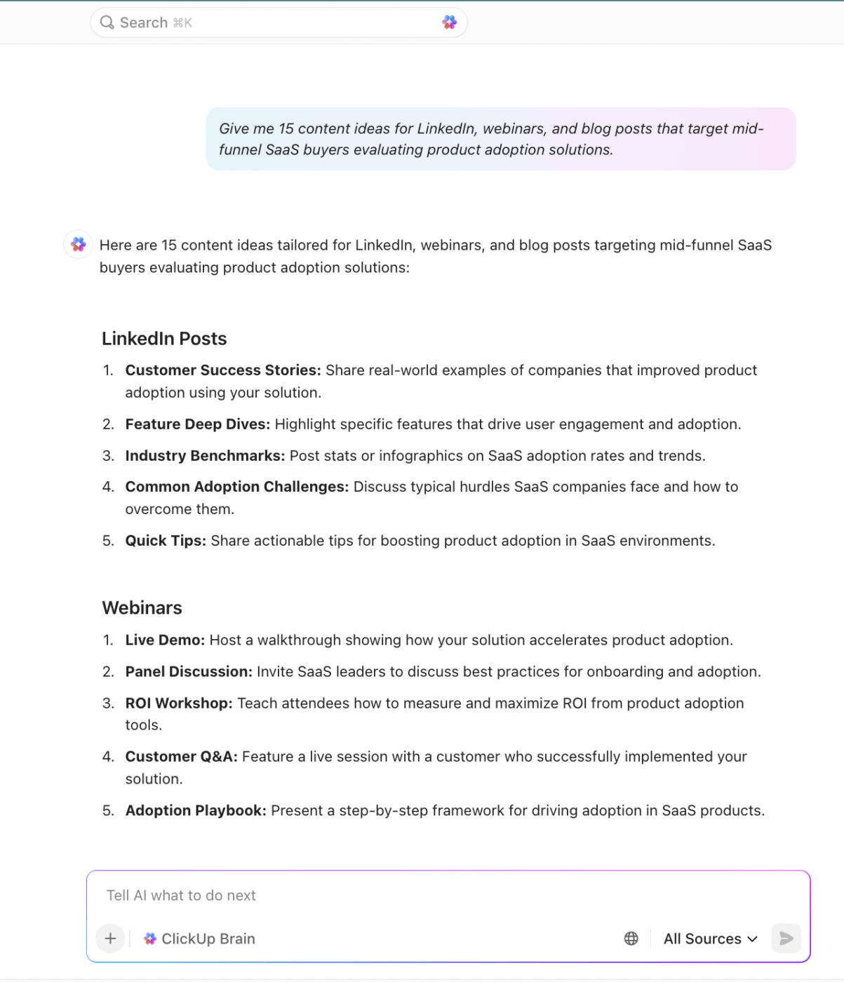 ClickUp Brain : B2B content calendar