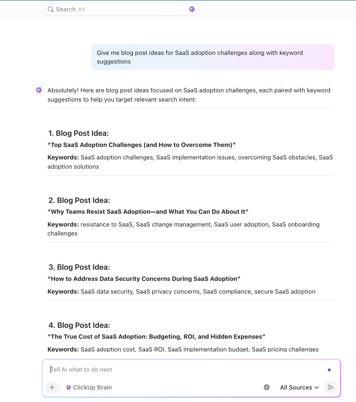 ClickUp Brain : B2B content calendar