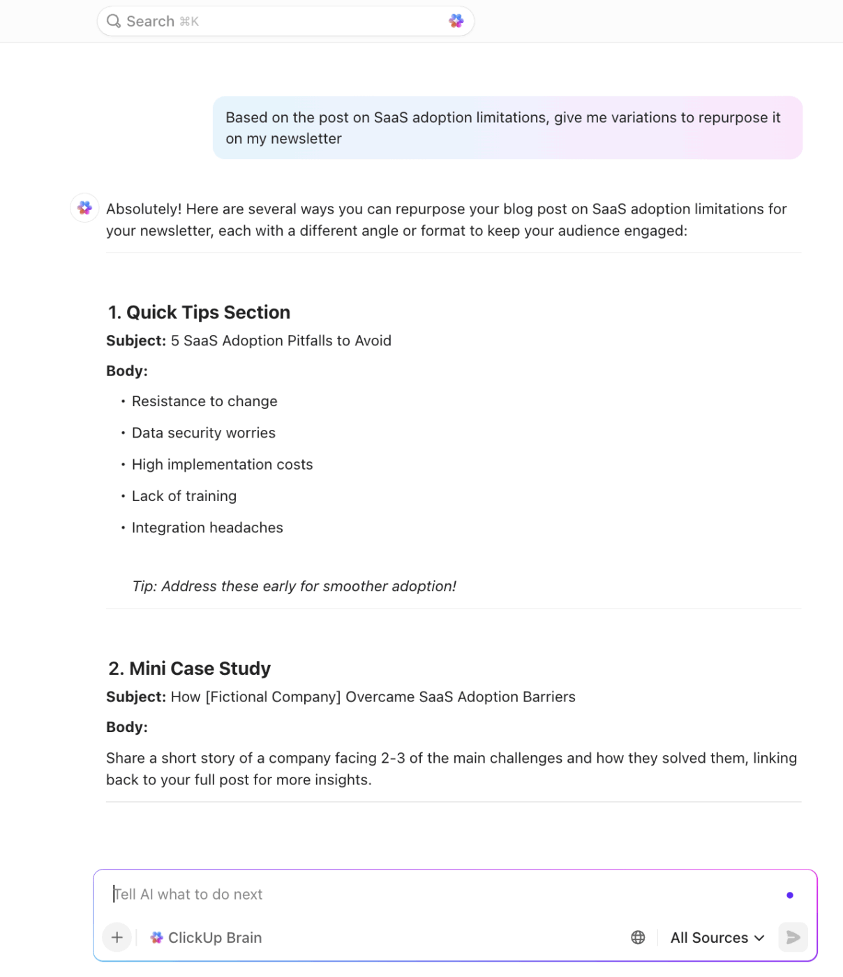 ClickUp Brain : B2B content calendar