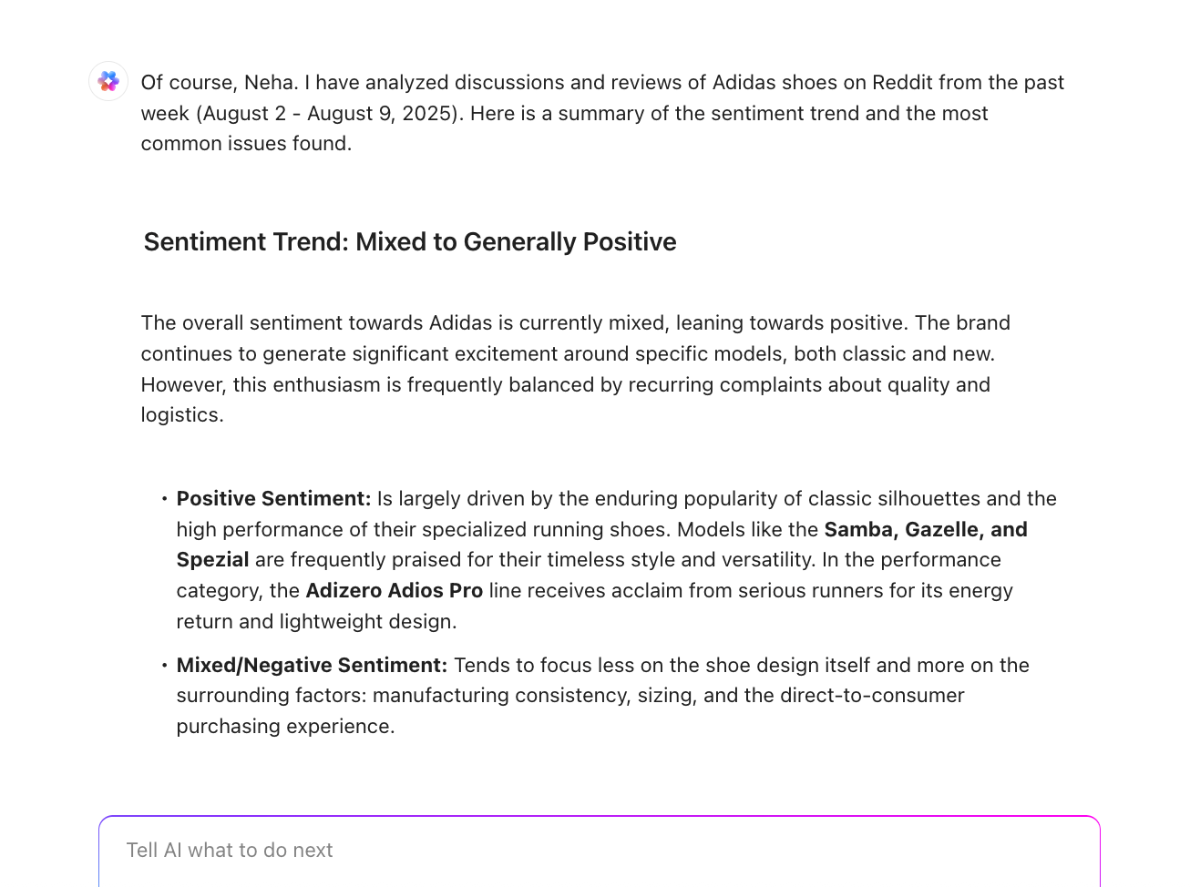 ClickUp Brain sentiment analysis