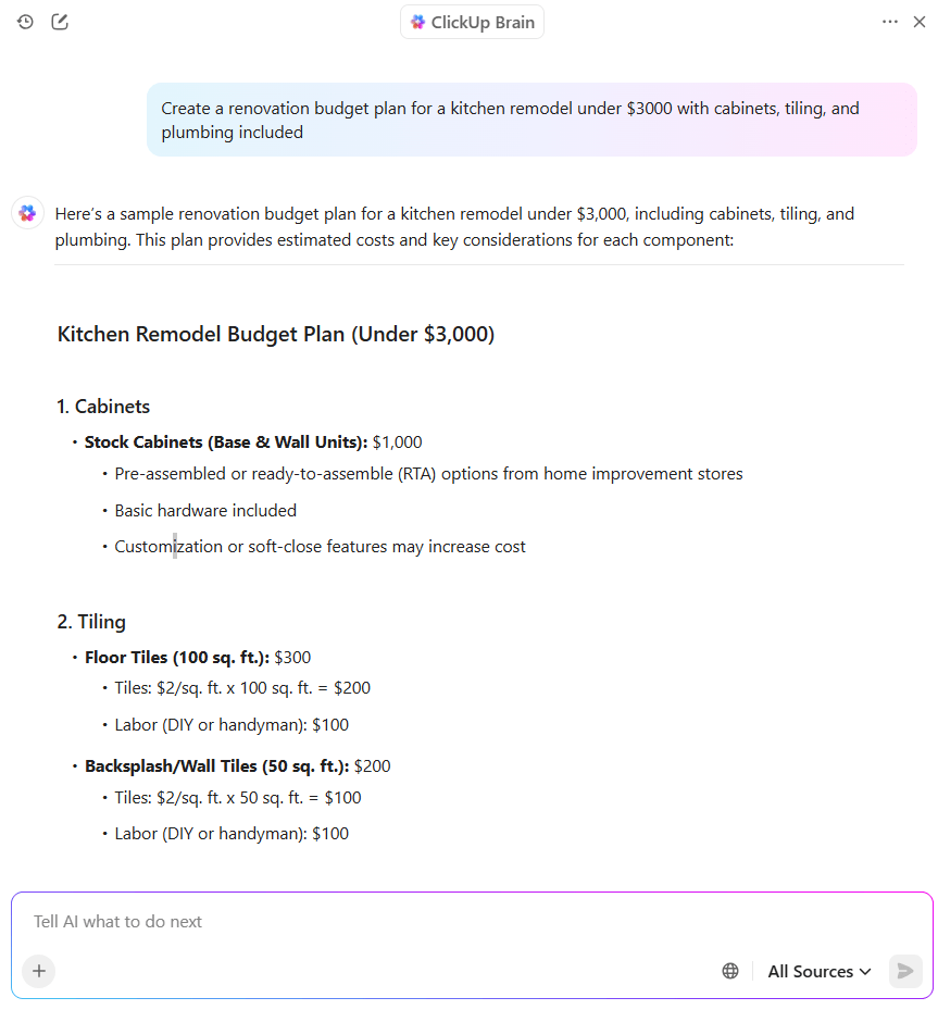 ClickUp Brain Home Renovation Budget